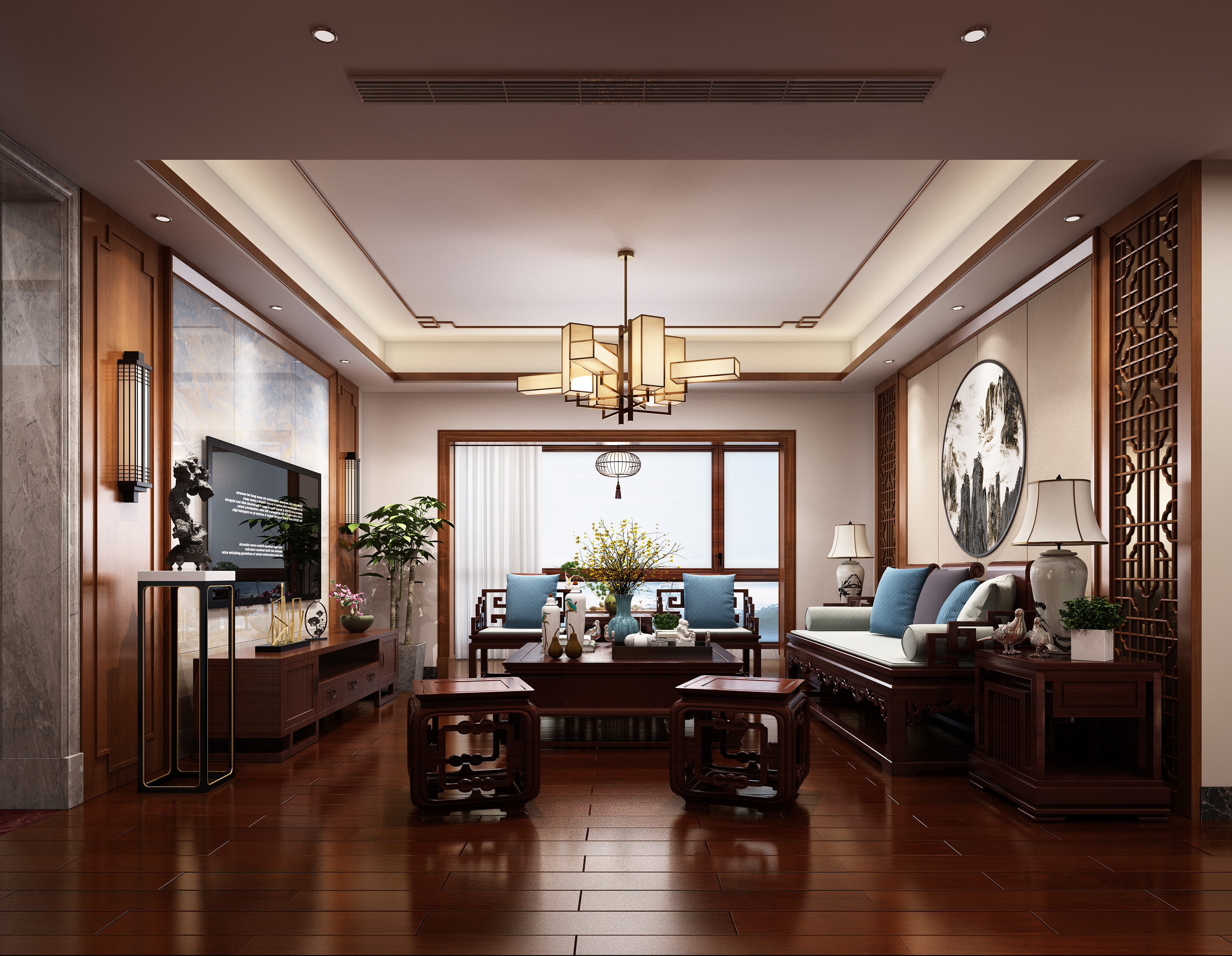 南寧湖畔書院165㎡客廳中式裝修風格案例效果圖