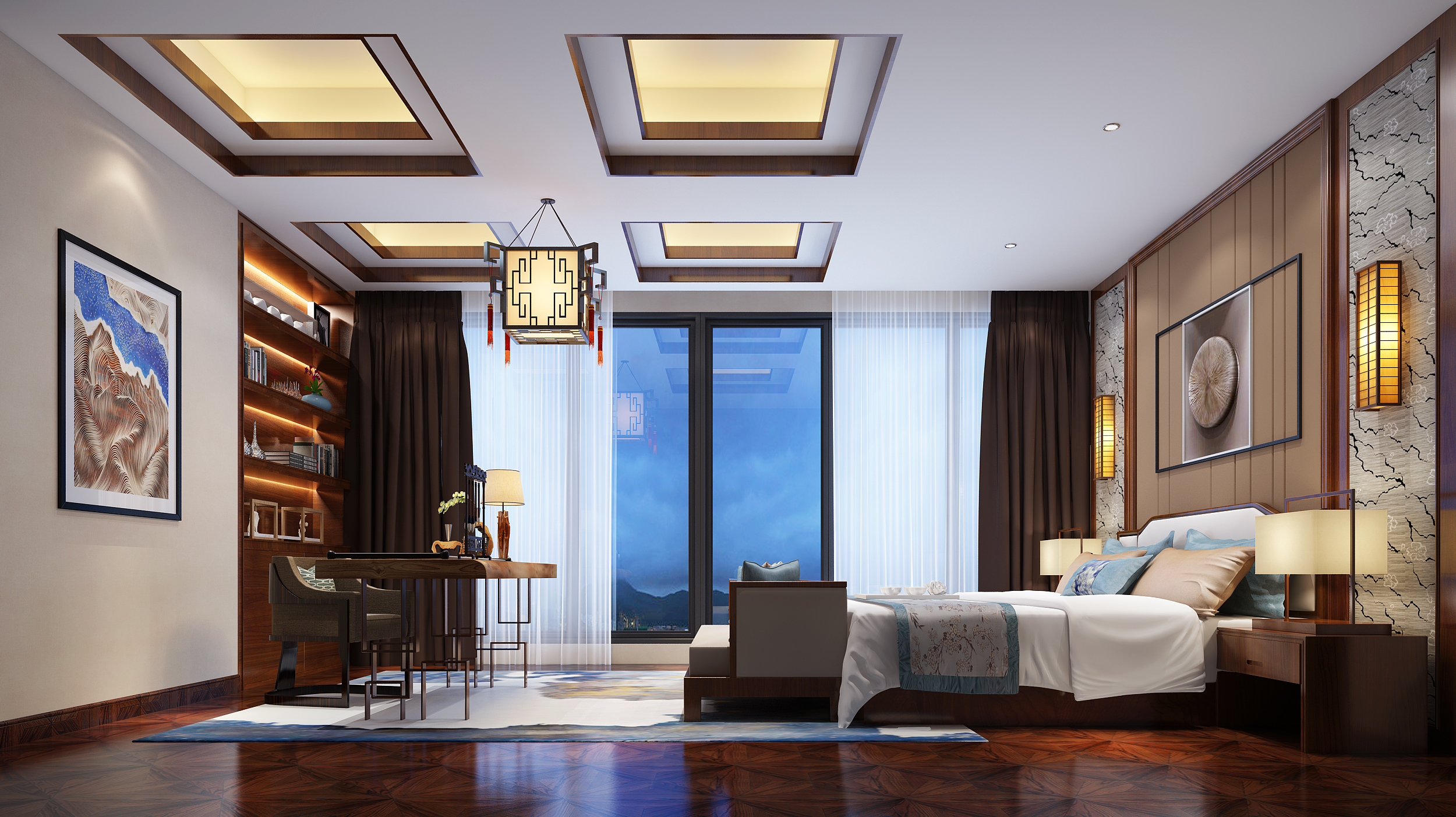 南寧麗景花園480㎡臥室新中式裝修風(fēng)格案例效果圖