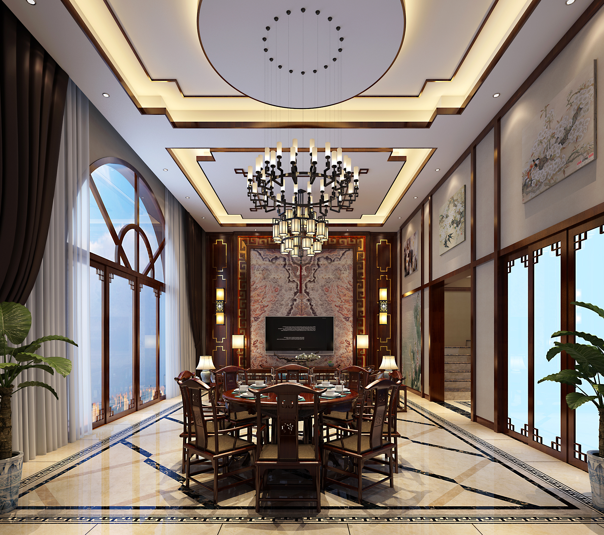 南寧麗景花園480㎡餐廳新中式裝修風(fēng)格案例效果圖