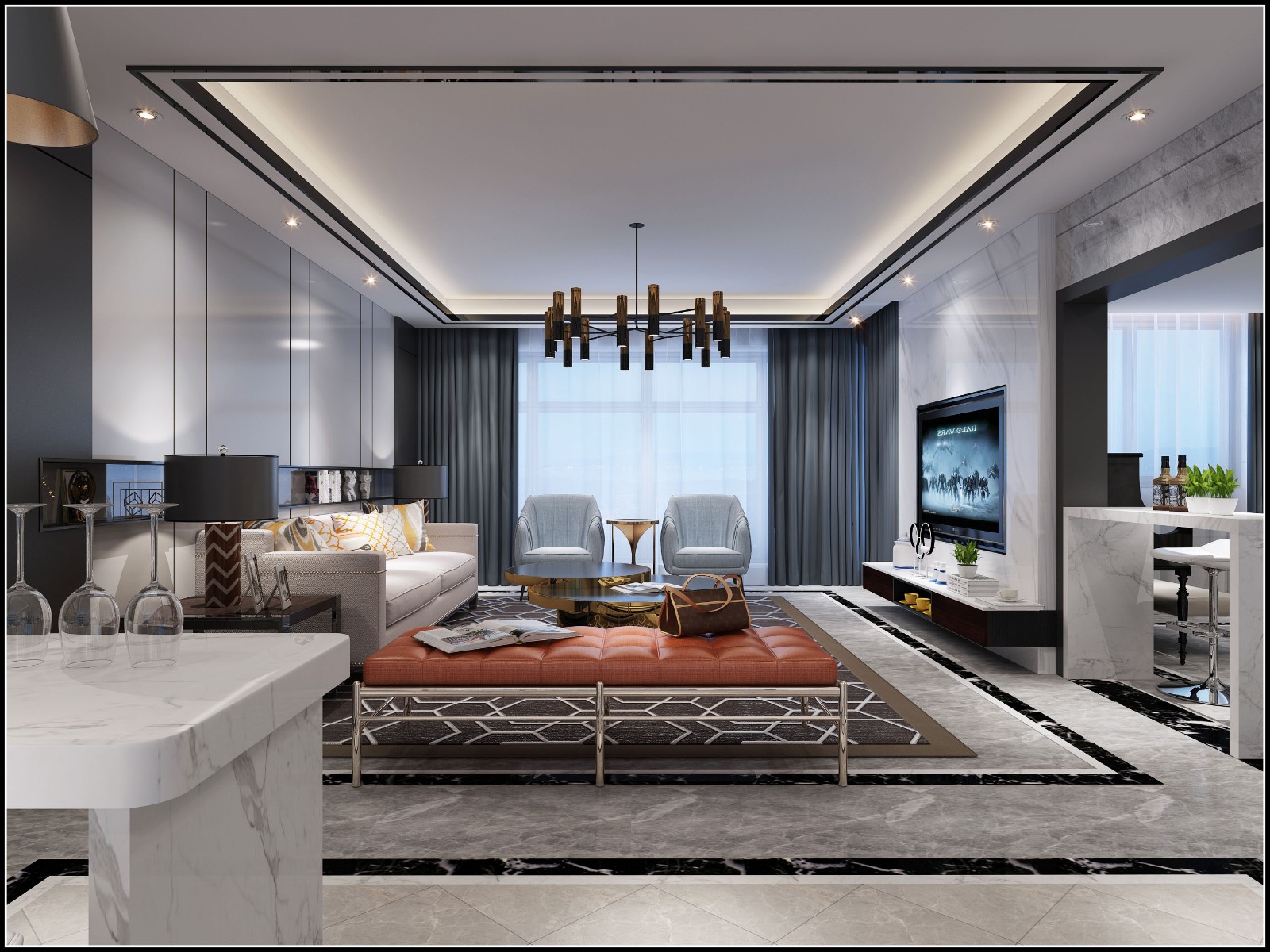 南寧嘉和城溫莎堡225㎡客廳現(xiàn)代簡約裝修風格案例效果圖