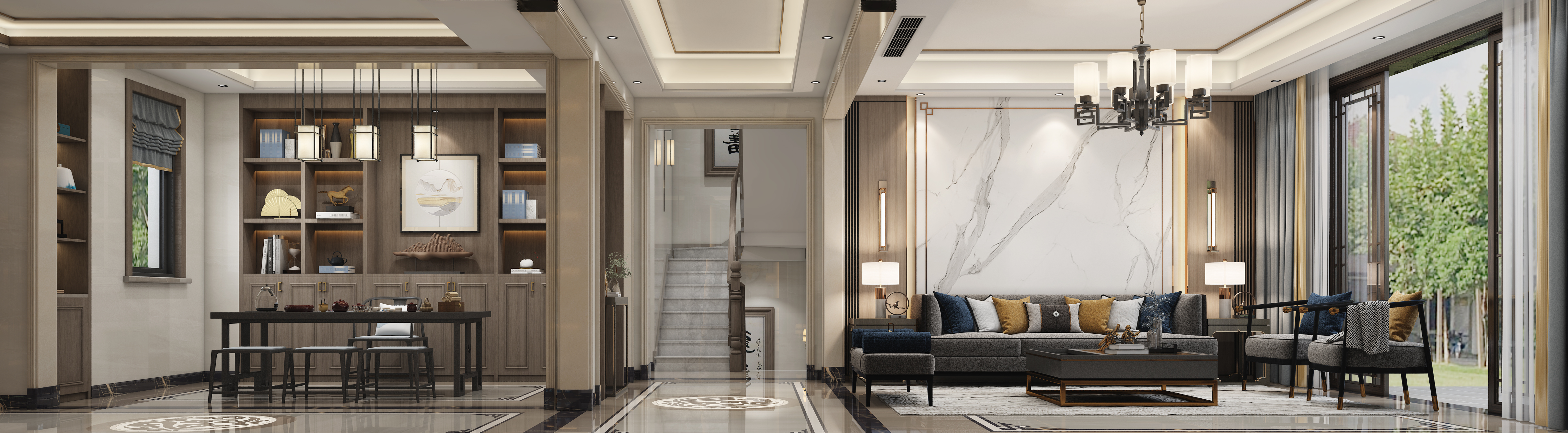 南寧九曲灣300㎡客廳中式裝修案例效果圖