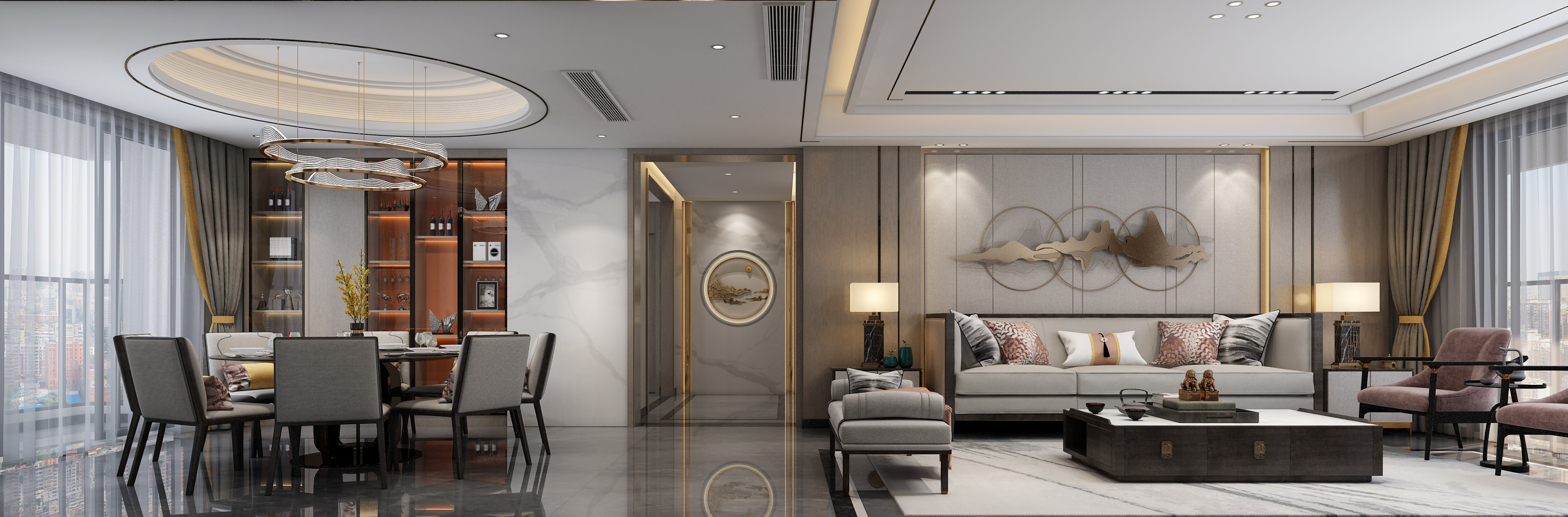 南寧國賓壹號220㎡客餐廳新中式裝修效果圖