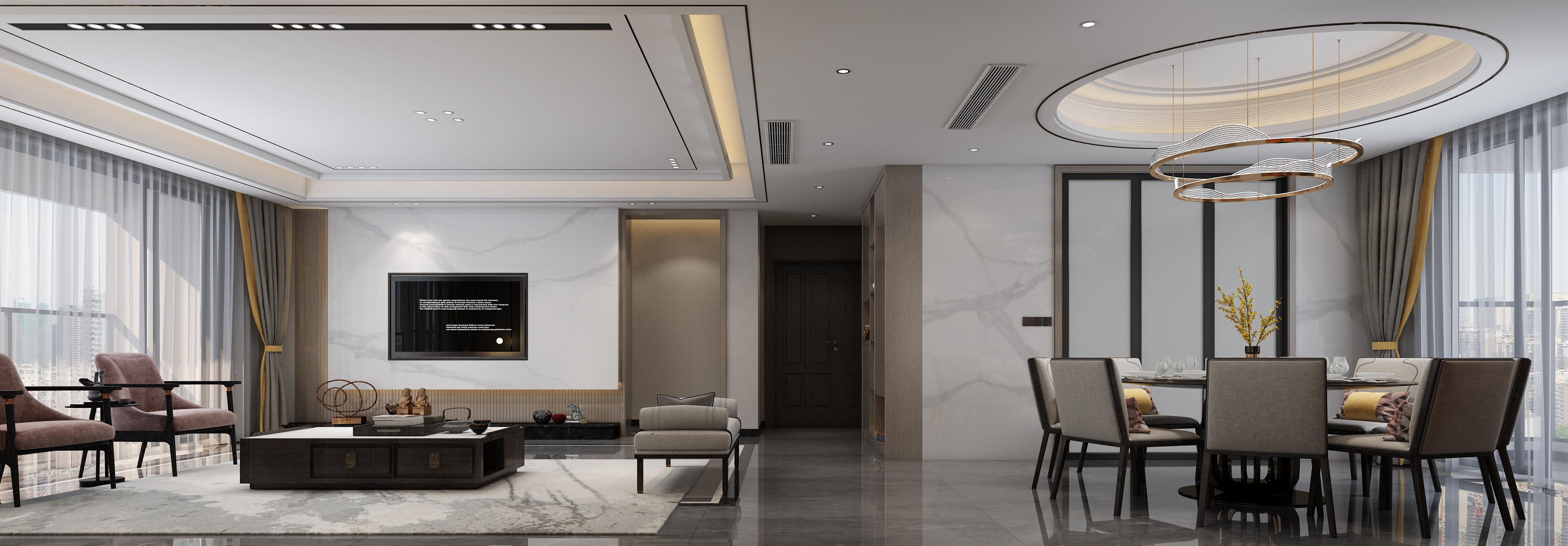 南寧國賓壹號220㎡客餐廳新中式裝修效果圖