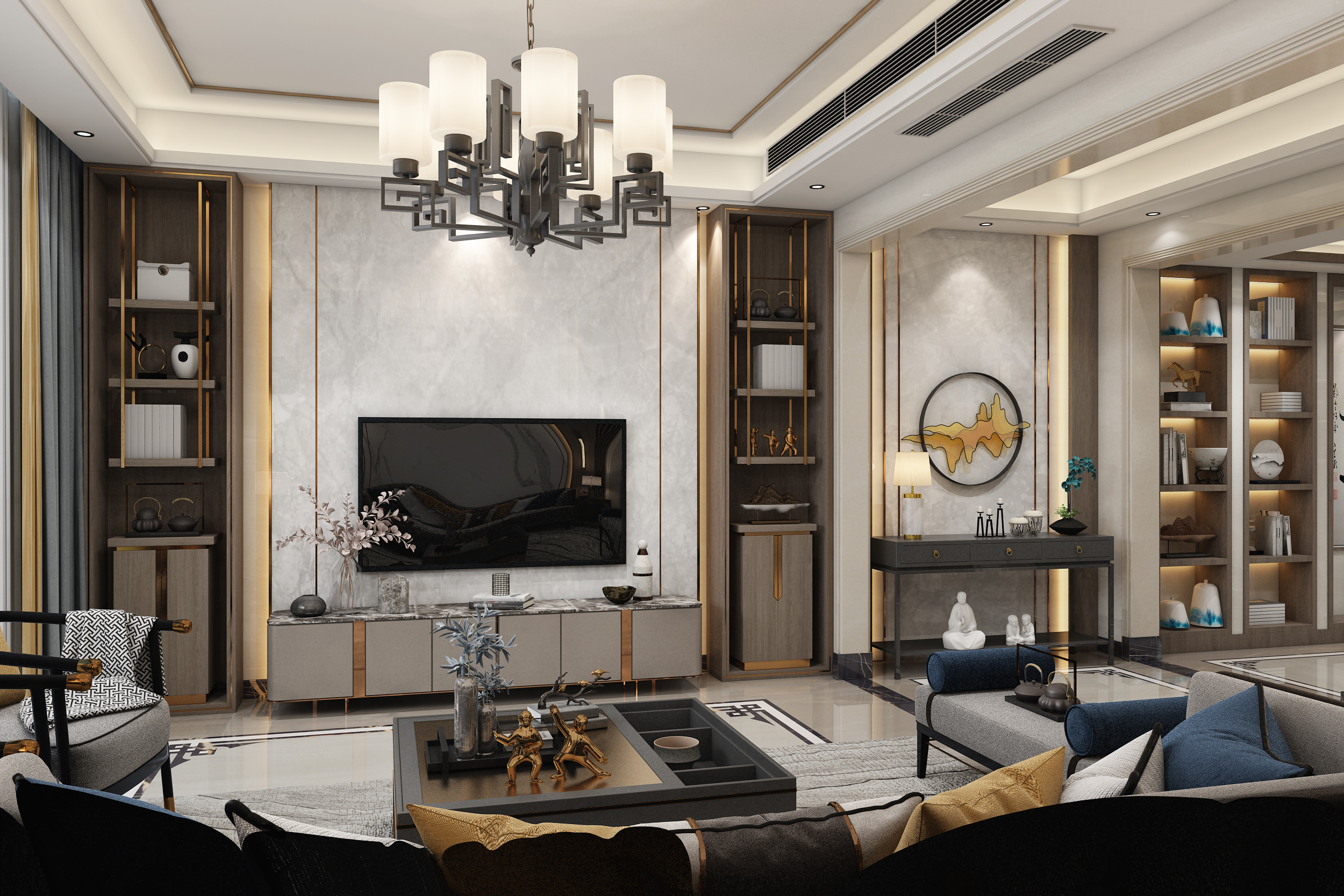 南寧九曲灣300㎡客廳中式裝修案例效果圖