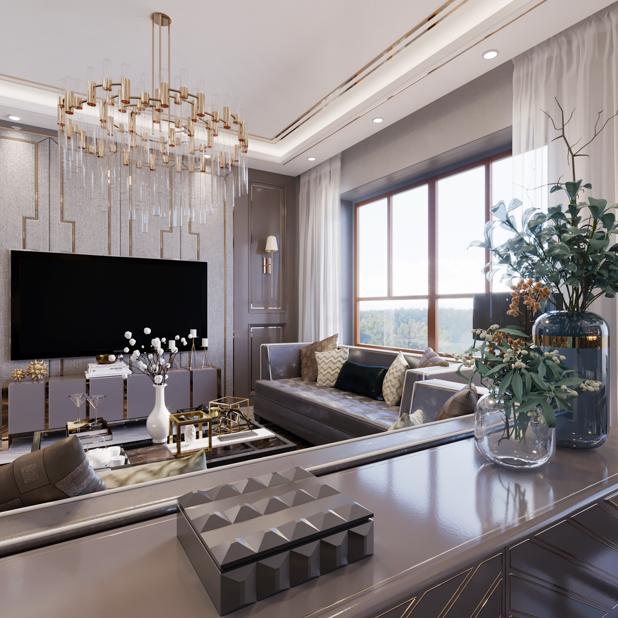 南寧翡翠時光179㎡客廳現(xiàn)代奢華裝修風格案例效果圖