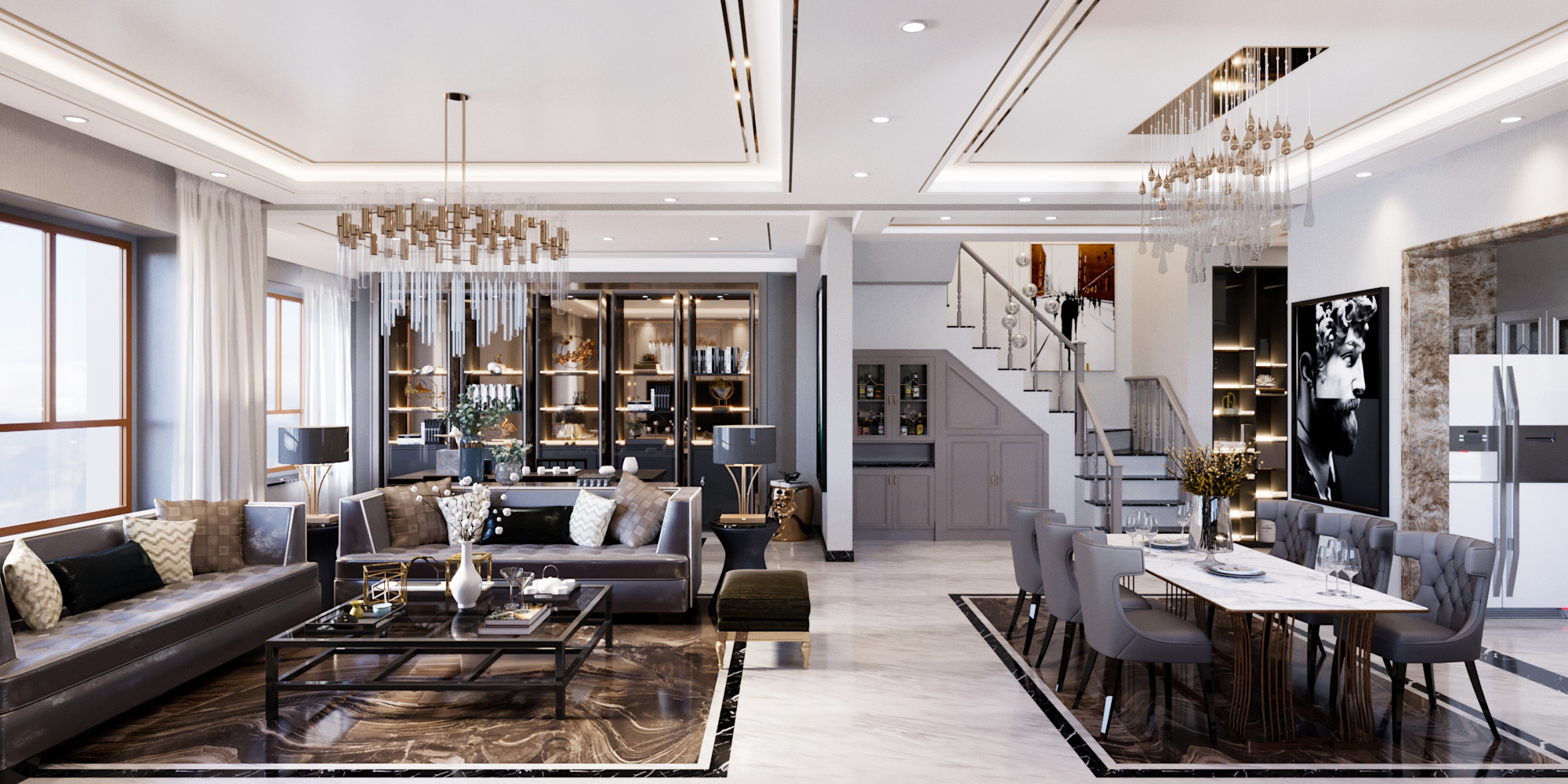 南寧翡翠時光179㎡客餐廳現(xiàn)代奢華裝修風格案例效果圖