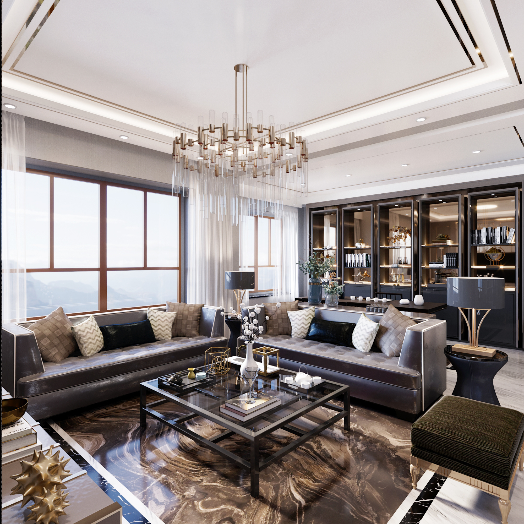 南寧翡翠時光179㎡客廳現(xiàn)代奢華裝修風格案例效果圖