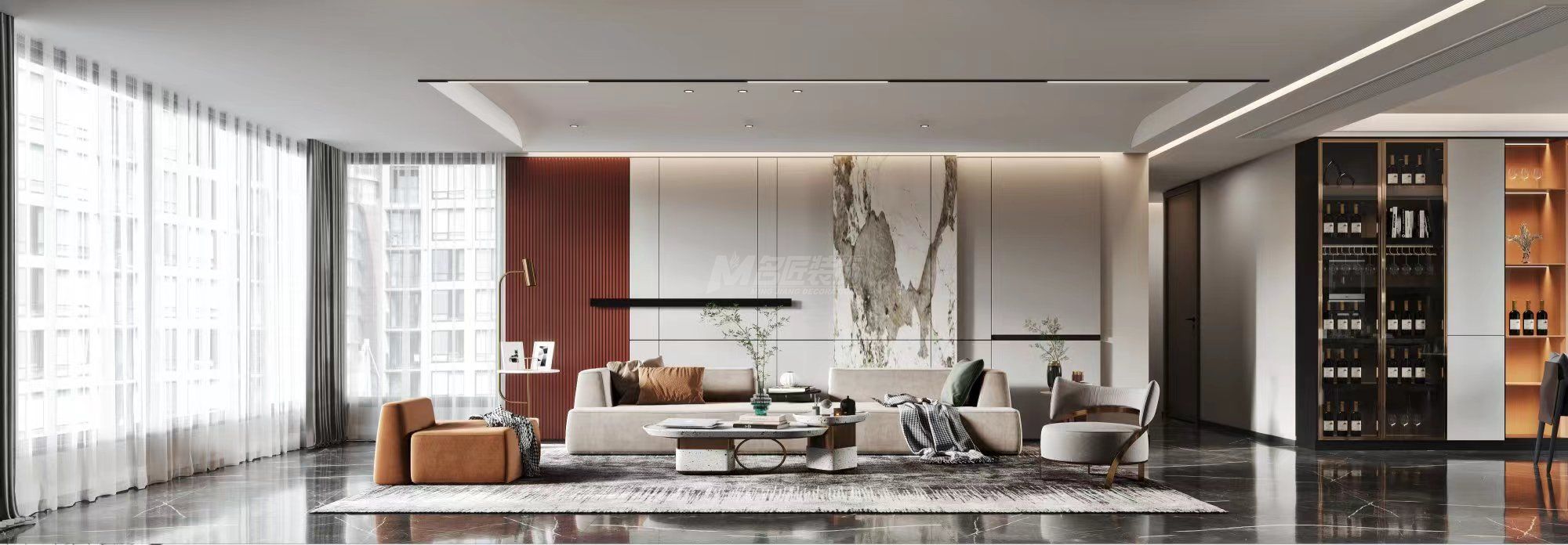 南寧綠城春江明月200㎡客廳現(xiàn)代輕奢裝修風(fēng)格效果圖