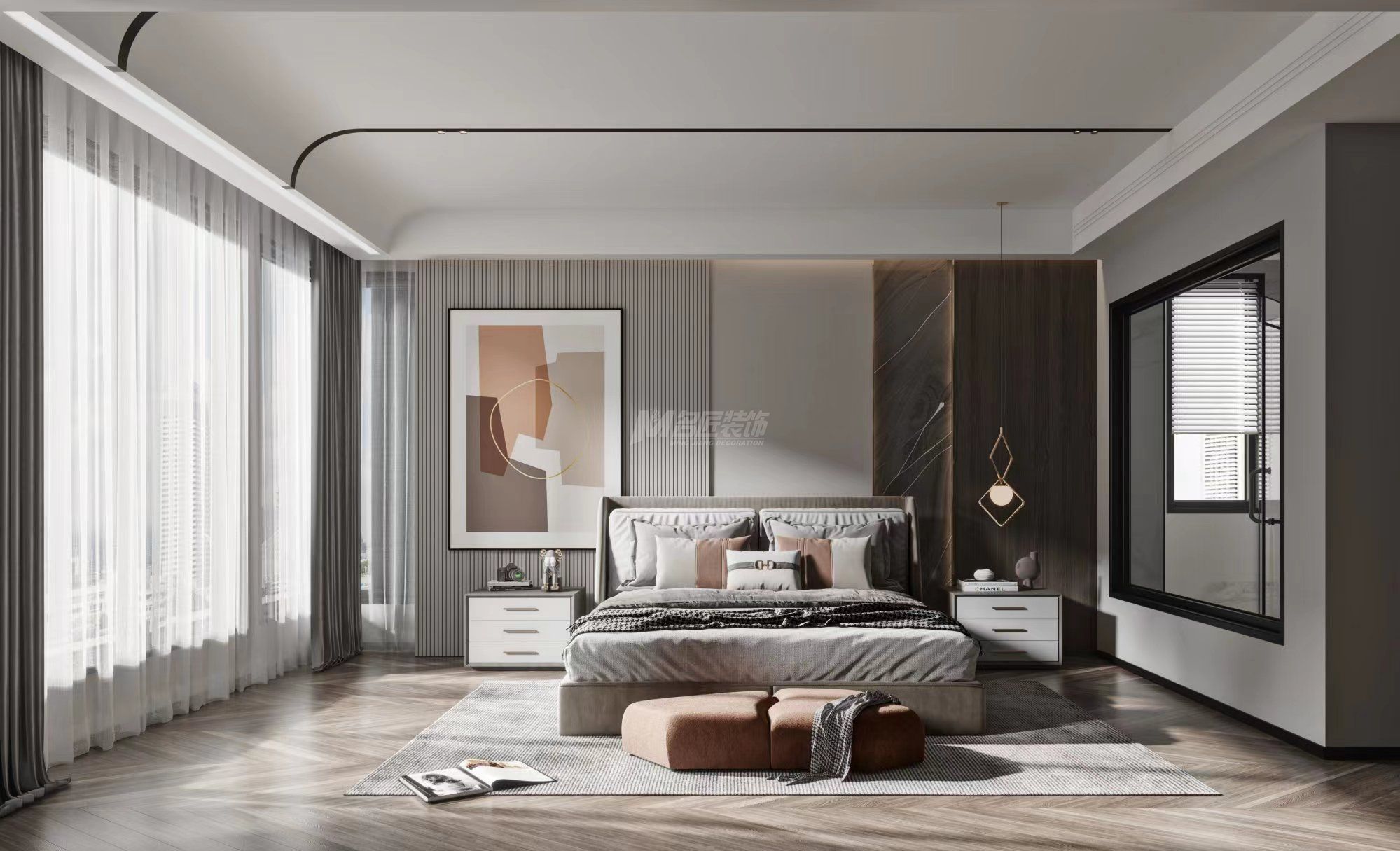 南寧綠城春江明月200㎡主臥現(xiàn)代輕奢裝修風(fēng)格效果圖