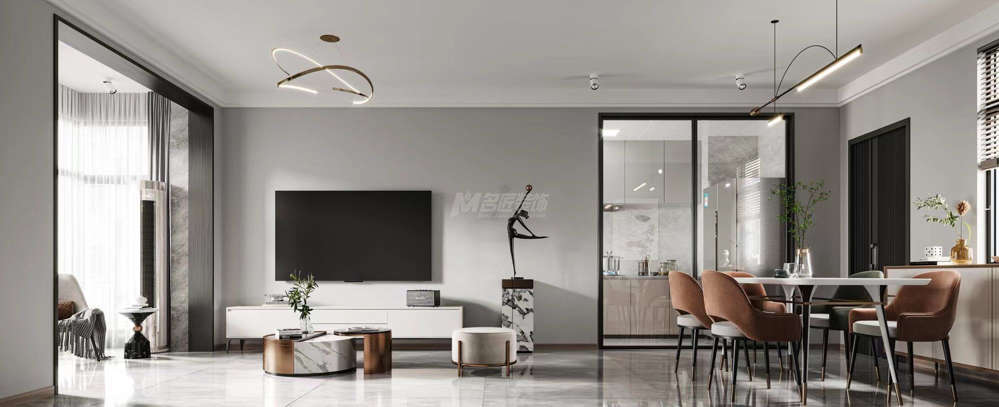 南寧合景天匯136㎡客餐廳現(xiàn)代簡約裝修風(fēng)格效果圖