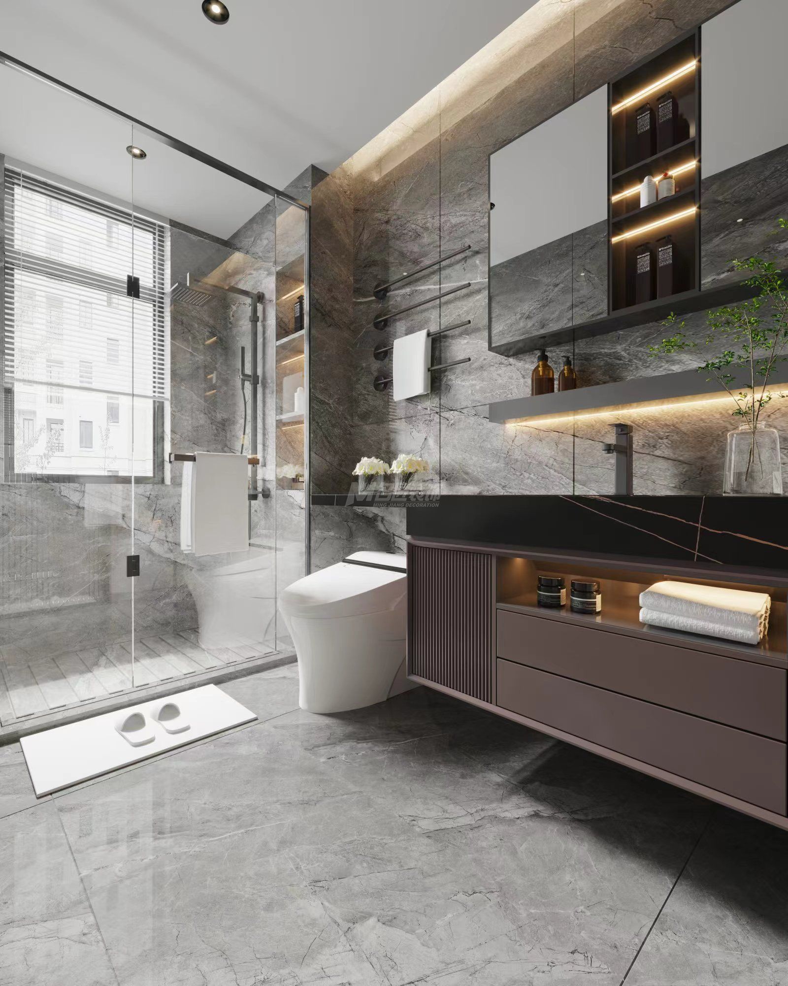 南寧綠地城149㎡主衛(wèi)現(xiàn)代輕奢裝修風(fēng)格效果圖