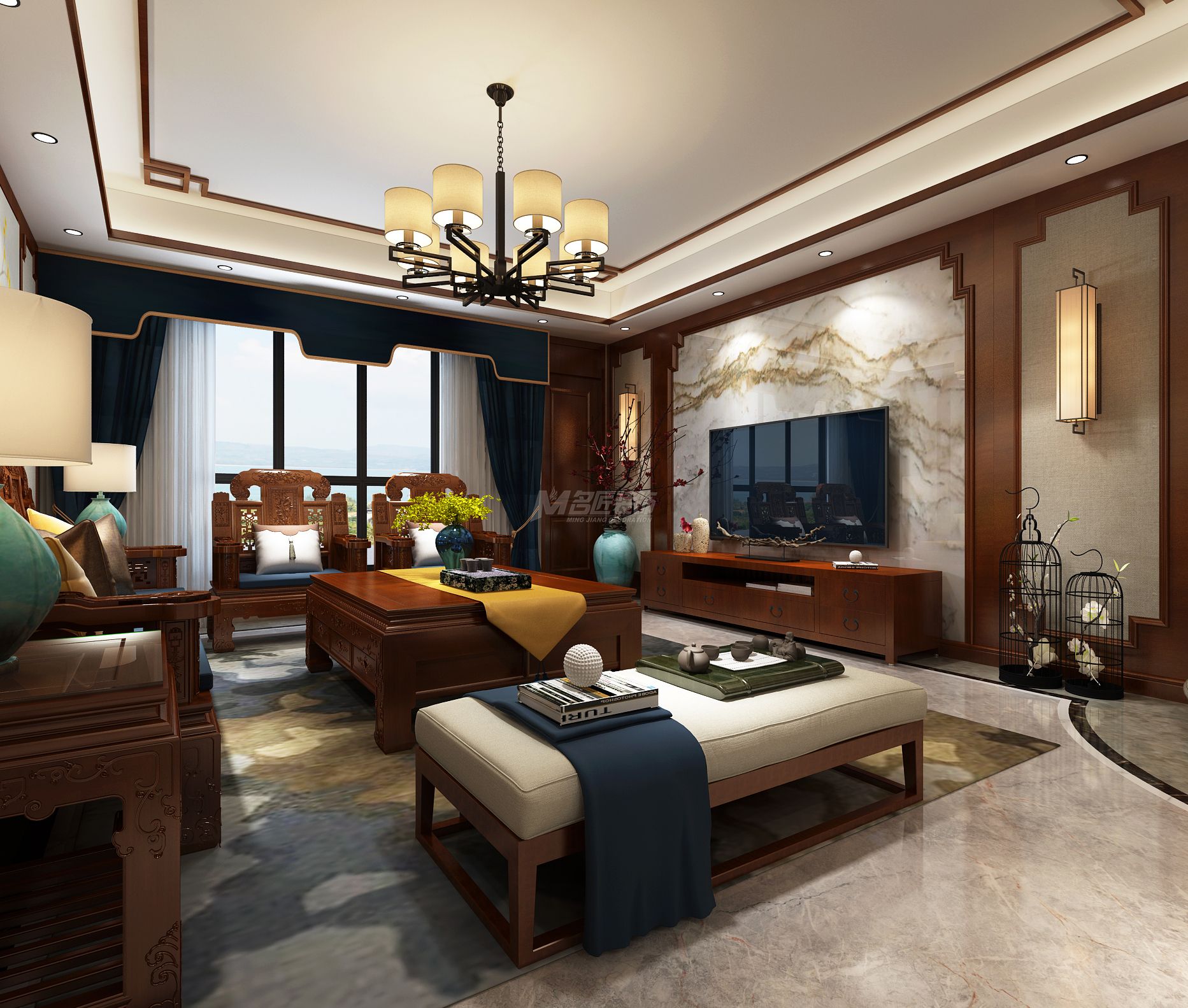 南寧鳳嶺一號169㎡客廳中式裝修風格效果圖