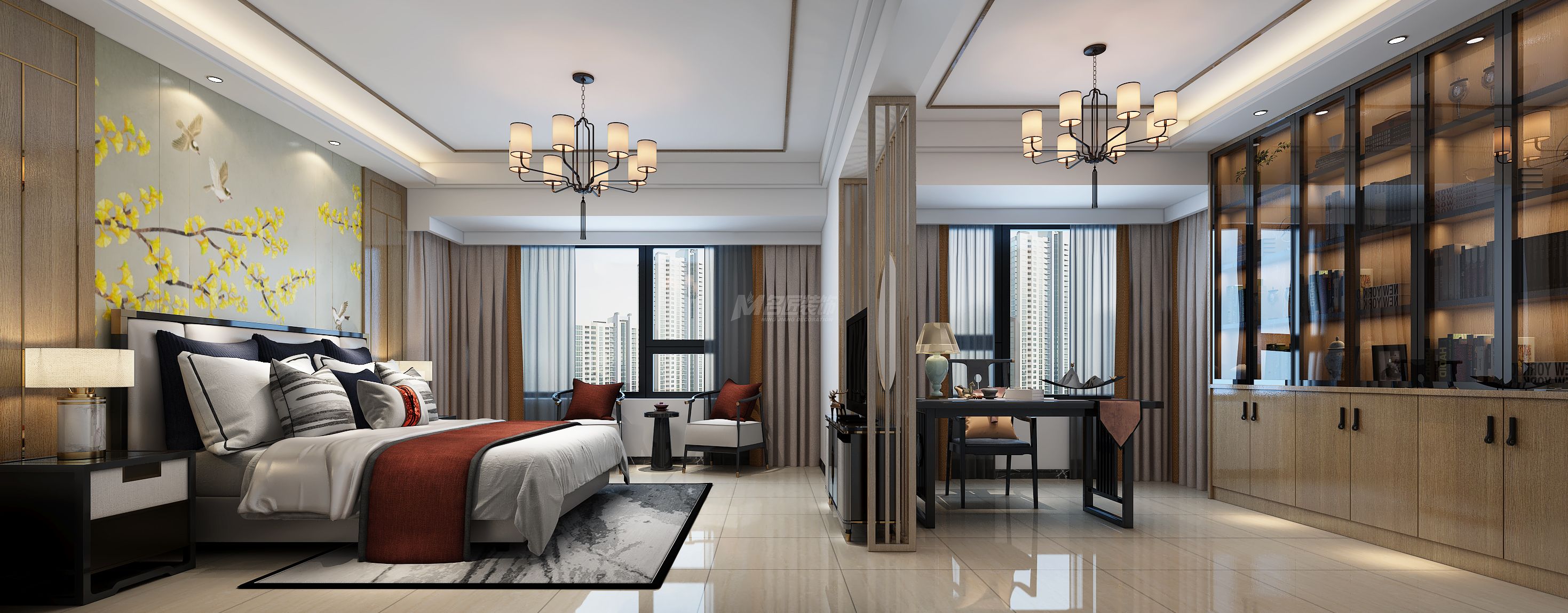 龍光玖瓏府160㎡主臥全景新中式輕奢裝修風(fēng)格效果圖