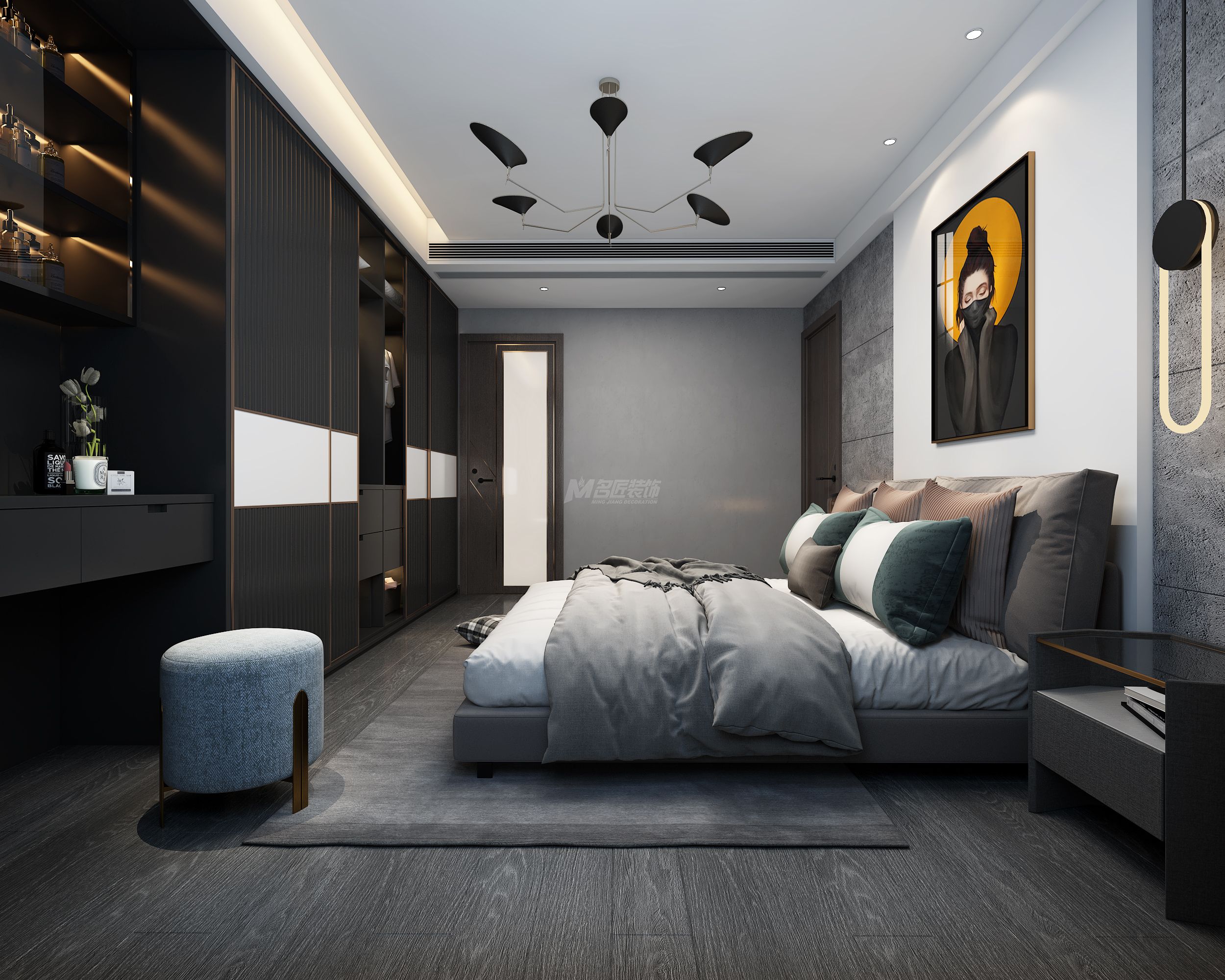 江山麗園160㎡主臥現代灰色極簡裝修風格效果圖