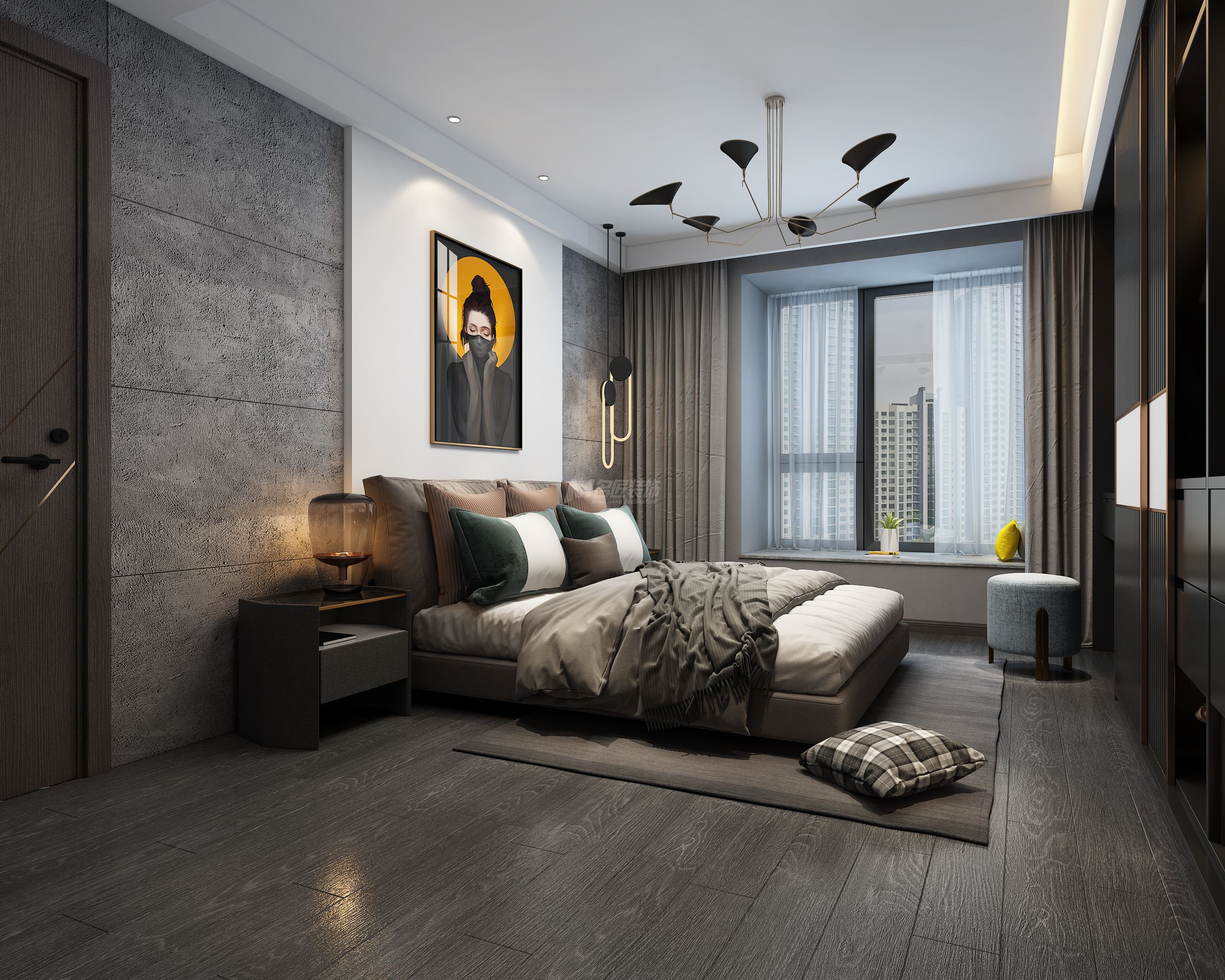 江山麗園160㎡主臥現代灰色極簡裝修風格效果圖