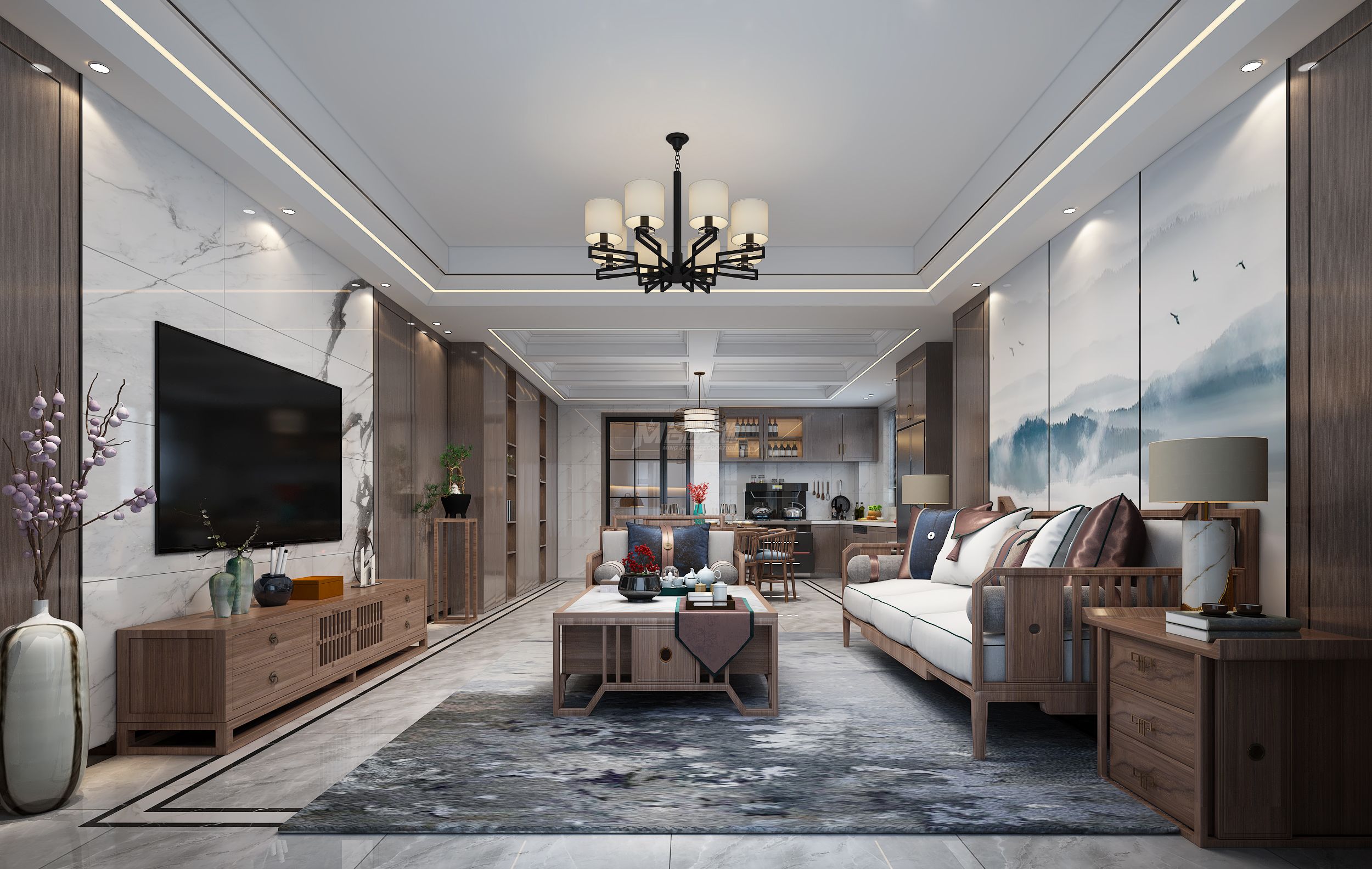 新加坡城190㎡客廳新中式裝修風(fēng)格效果圖