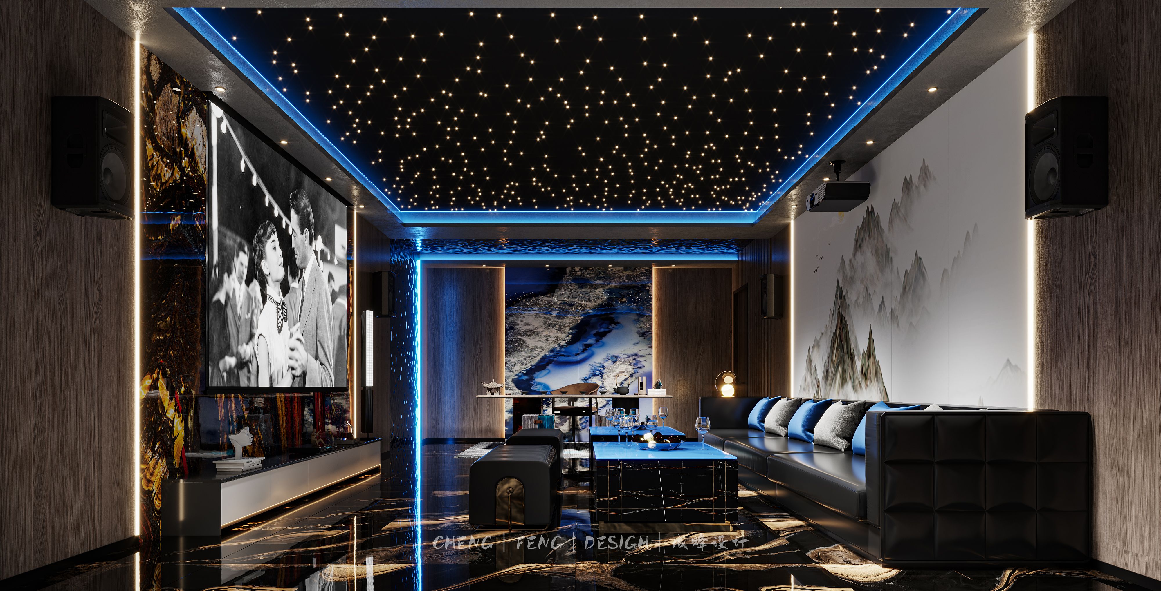 華潤大廈300㎡影音室現(xiàn)代輕奢裝修風(fēng)格效果圖