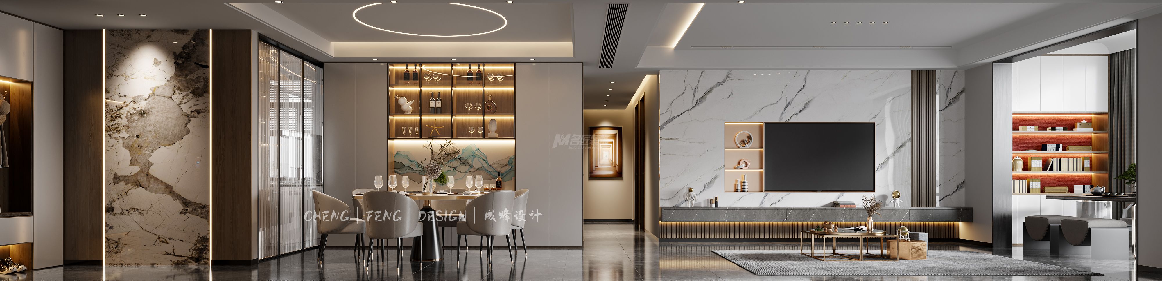 軌道壹號城160㎡客餐廳現(xiàn)代輕奢裝修風(fēng)格案例效果圖