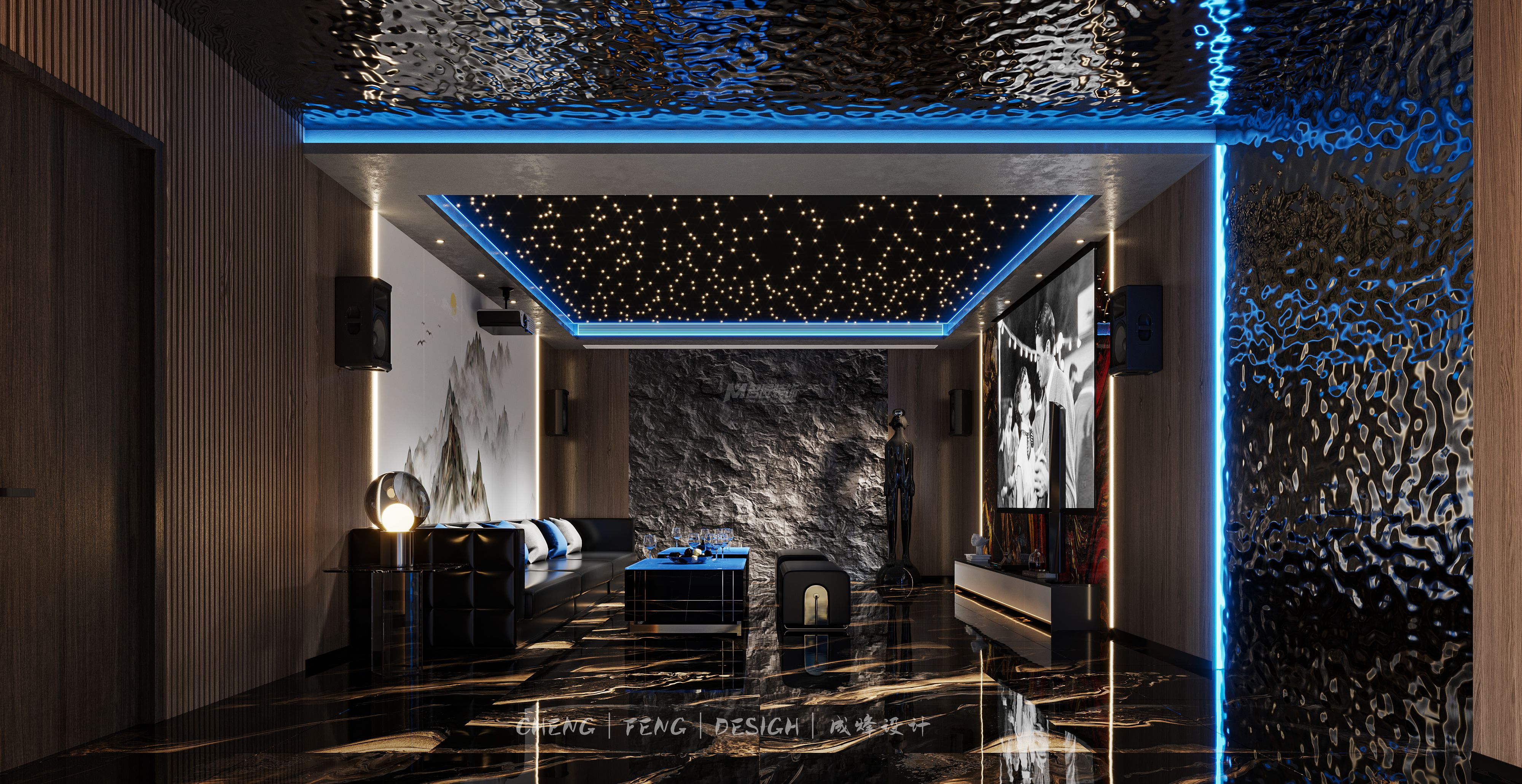 華潤大廈300㎡影音室現(xiàn)代輕奢裝修風(fēng)格效果圖